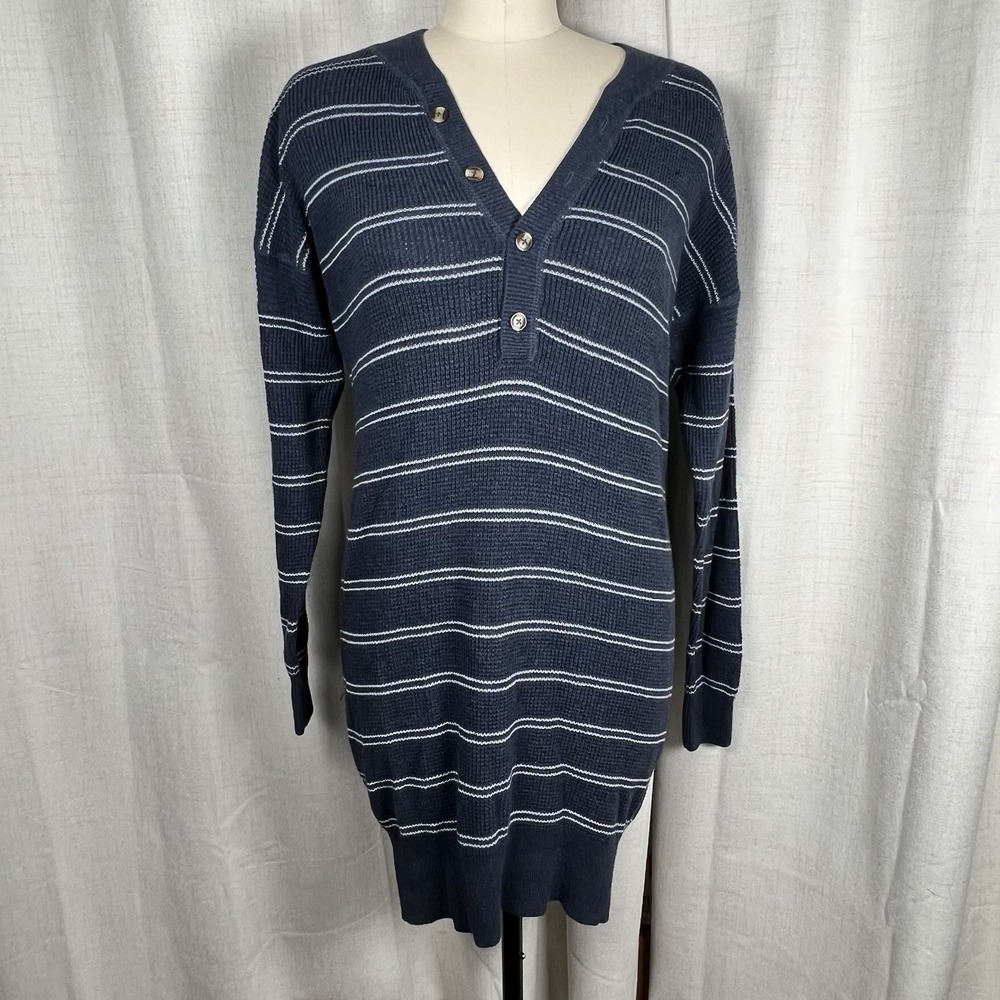 NEW! Prana Milani Henley Dress Organic Cotton/Wool Blend Nautical Blue Stripe XS